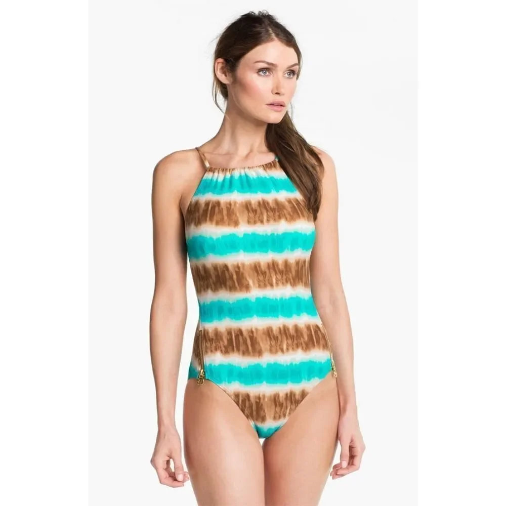 New! MICHAEL KORS Tie-Dye Zipper Detail Women's One-Piece Swimsuit Bathing Suit